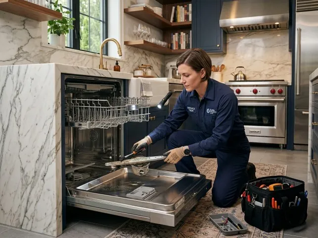 Appliance Repair Hero technician servicing a built-in dishwasher in a Annville, PA kitchen