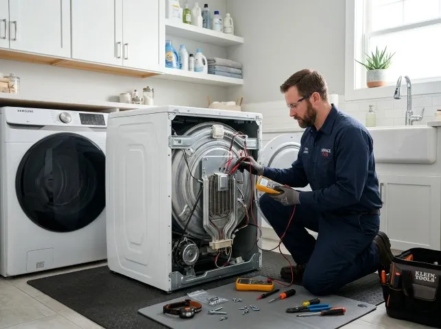 Appliance Repair Hero technician checking a dryer heating element with the rear panel off in Annville, PA