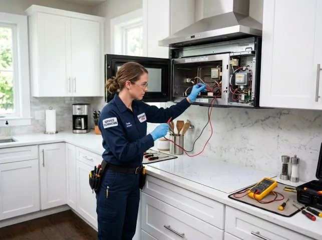 Appliance Repair Hero technician testing an over-the-range microwave in a Annville, PA kitchen