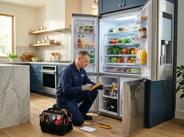 Appliance Repair Hero refrigerator technician testing a fridge on a Annville, PA service call