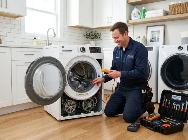 Appliance Repair Hero technician testing a front-load washer with a multimeter on a Annville, PA service call